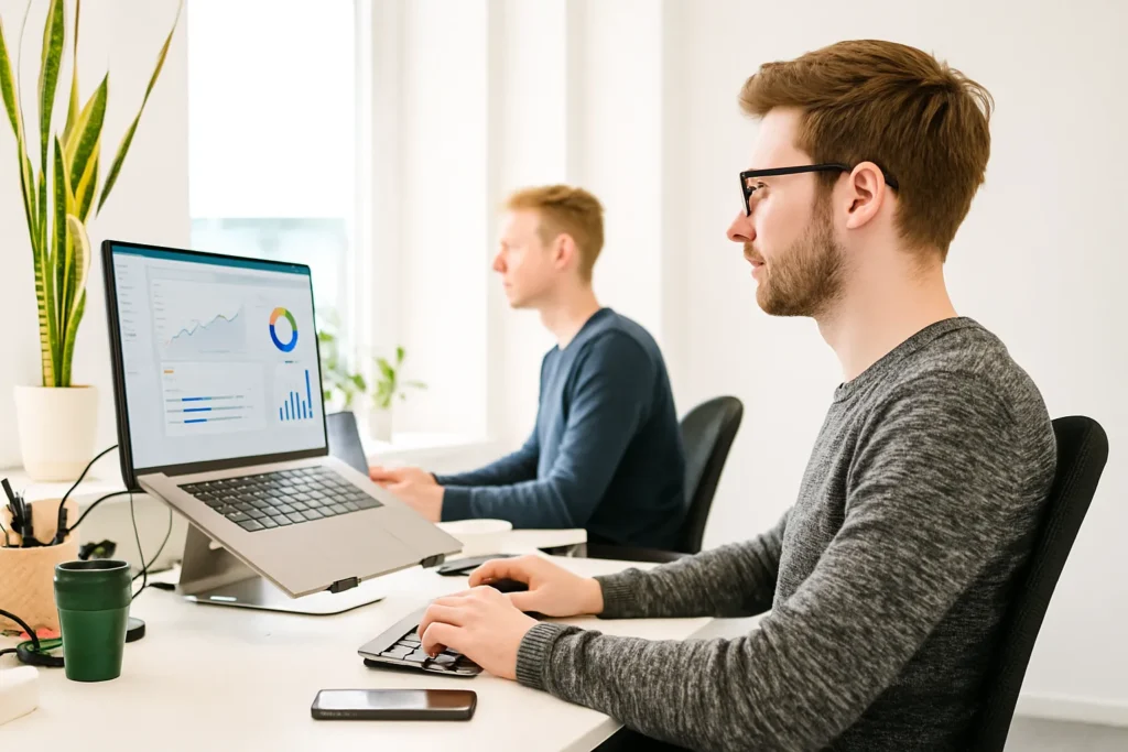 zu sehen sind 2 junge männer die am pc arbeiten
